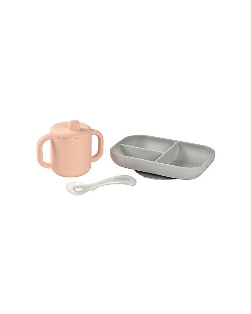 Béaba Silicone Learning Set - Divided Plate + Cup + 2nd Age Spoon - Pink and Grey Meal Sets