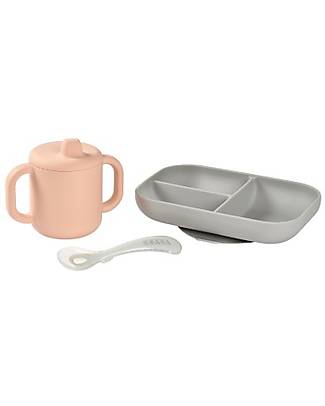 Béaba Silicone Learning Set - Divided Plate + Cup + 2nd Age Spoon - Pink and Grey Meal Sets