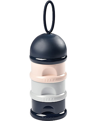 Béaba Stackable Container for Milk Powder or Snack - Dark Blue/Grey/Pink - With 3 Hermetic and Stackable Compartments Dummies & Soothers