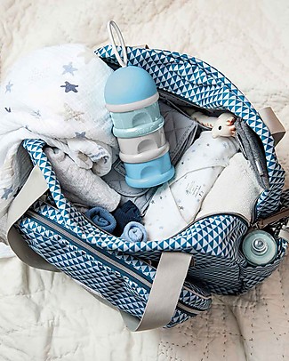 Béaba Stackable Container for Milk Powder or Snack - Sky Blue/Light Blue/Grey - With 3 Hermetic and Stackable Compartments Food Containers