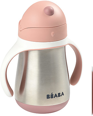 Béaba Stainless Steel Straw Cup - 250 ml - Pink - To Learn Drink by Himself Stainless Steel Baby Bottles