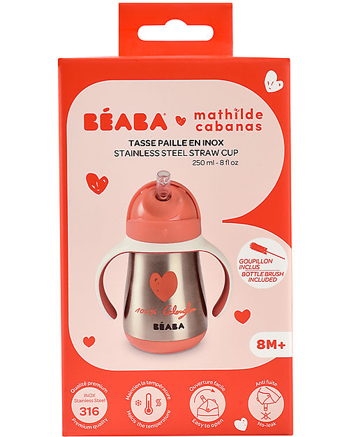 Béaba Stainless Steel Straw Cup - 250 ml - Red - To Learn Drink by Himself Baby Bottles