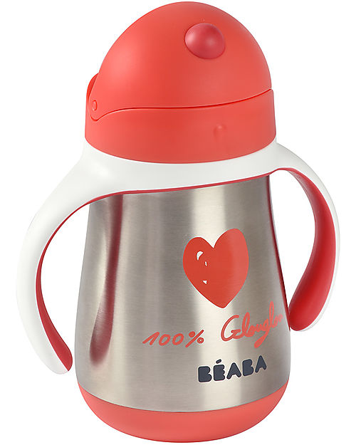 Béaba Stainless Steel Straw Cup - 250 ml - Red - To Learn Drink by Himself Baby Bottles