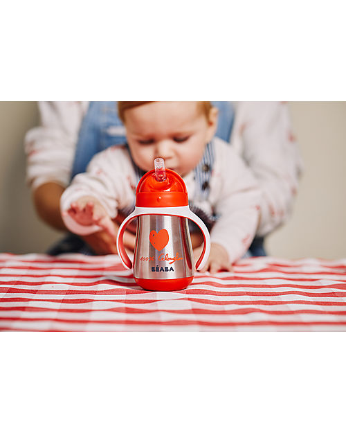 Béaba Stainless Steel Straw Cup - 250 ml - Red - To Learn Drink by Himself Baby Bottles