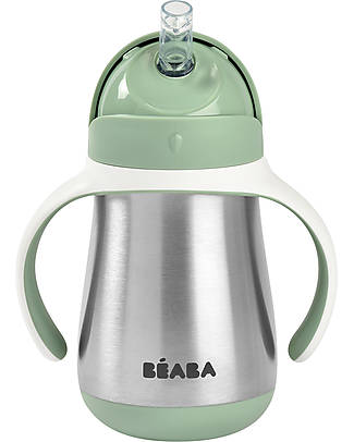 Béaba Stainless Steel Straw Cup - 250 ml - Sage Green - To Learn Drink by Himself Cups