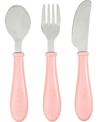 Béaba Stainless Steel Training Cutlery - Fork + Spoon + Knife Set - Pink Cutlery