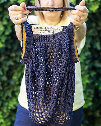 Cabbage Crochet Club for Family Nation Everyday Blue Night Bag with Yellow Gros Ribbon - 100% Handmade with recycled yarns Tote Bags