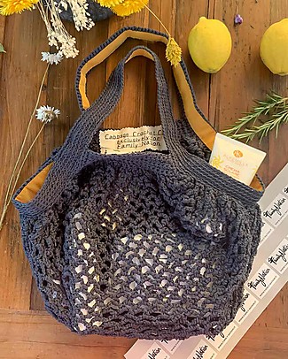 Cabbage Crochet Club for Family Nation Everyday Blue Night Bag with Yellow Gros Ribbon - 100% Handmade with recycled yarns Tote Bags