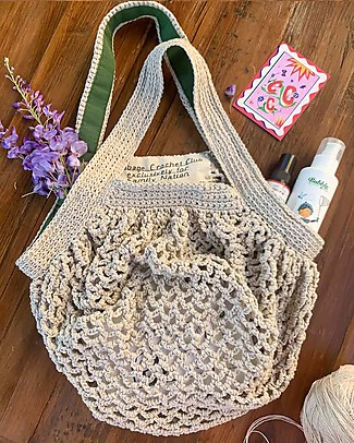 Cabbage Crochet Club for Family Nation Everyday Ecru Bag with Green Gros Ribbon - 100% Handmade with recycled yarns Tote Bags