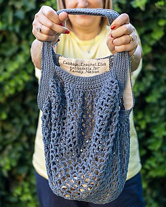 Cabbage Crochet Club for Family Nation Everyday Light Blue Avio Bag with Natural Gros Ribbon - 100% Handmade with recycled yarns Tote Bags