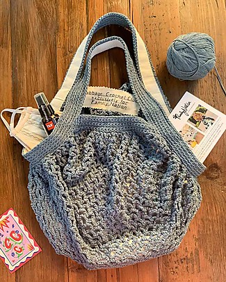 Cabbage Crochet Club for Family Nation Everyday Light Blue Avio Bag with Natural Gros Ribbon - 100% Handmade with recycled yarns Tote Bags