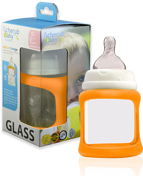 Cherub Baby Colour Change Glass Baby Bottle Wide Neck 150 ml, Orange - Anti-colic, 0-3 months teat Baby Bottles Accessories