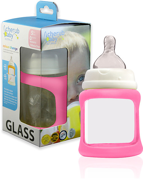 Cherub Baby Colour Change Glass Baby Bottle Wide Neck 150 ml, Pink - Anti-colic, 0-3 months teat Baby Bottles Accessories