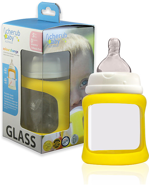 Cherub Baby Colour Change Glass Baby Bottle Wide Neck 150 ml, Yellow - Anti-colic, 0-3 months teat Baby Bottles Accessories
