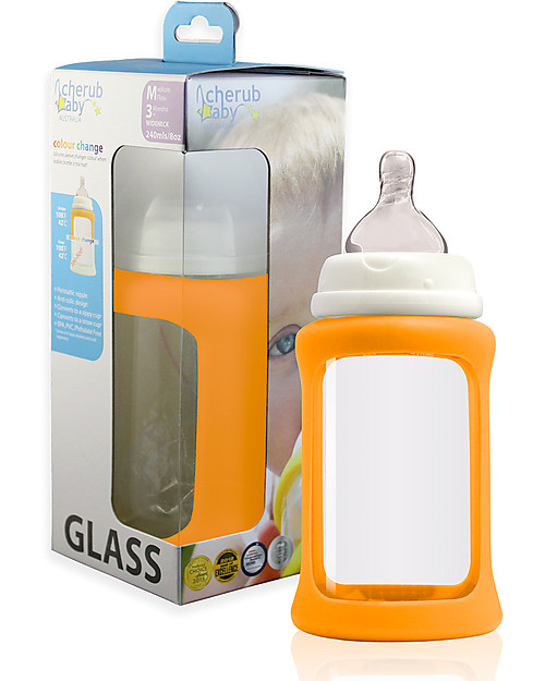 Cherub Baby Colour Change Glass Baby Bottle Wide Neck 240 ml, Orange - Anti-colic, 3-6 months teat Baby Bottles Accessories