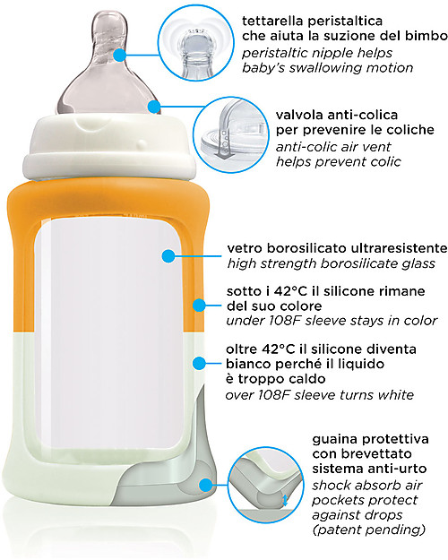 Cherub Baby Colour Change Glass Baby Bottle Wide Neck 240 ml, Orange - Anti-colic, 3-6 months teat Baby Bottles Accessories