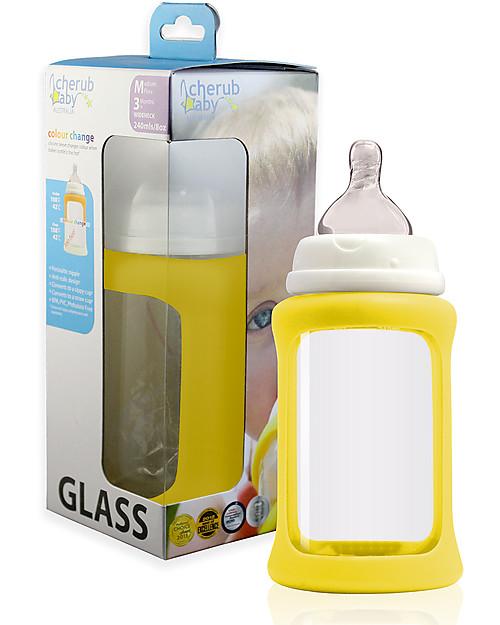 Cherub Baby Colour Change Glass Baby Bottle Wide Neck 240 ml, Yellow - Anti-colic, 3-6 months teat Baby Bottles Accessories