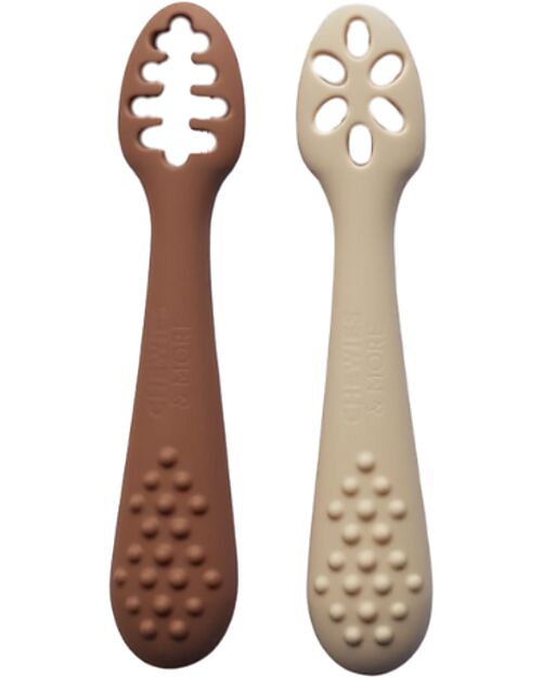 Chewies&more Set of 2 Food Grade Silicone Learning Spoons - Beige and Brown Cutlery