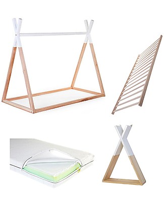 Childhome Bedroom Set - Tipi Bed in Beech 140x70 cm + Mattress Cover and Shelf + Mattress and Slats included! Montessori Beds
