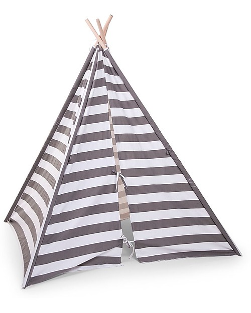 Childhome Canvas Play Tipi Tent, White/Grey stripes - Complete with its own storage bag! Tepees & Tents