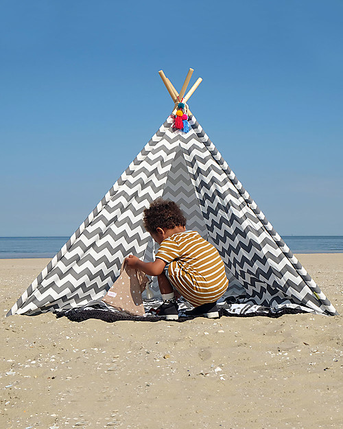 Childhome Canvas Play Tipi Tent, White/Grey Zig Zag - Complete with its own storage bag! Tepees & Tents