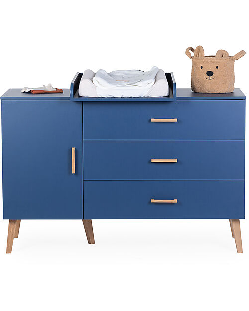 Childhome Chest of Drawers with Removable Changing Mat Blue 3 Drawers 1 Door with Shelves unisex bambini