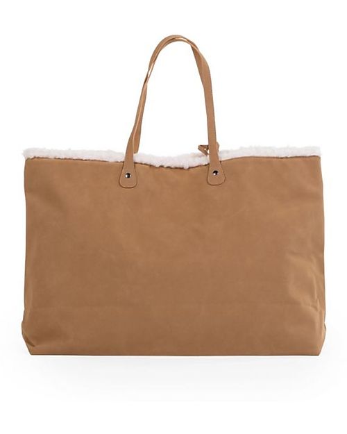 Childhome Family Bag Changing Bag 55 x 18 x 40 cm - Suede-Look with White Teddy Details - Includes Changing Mat! Diaper Changing Bags