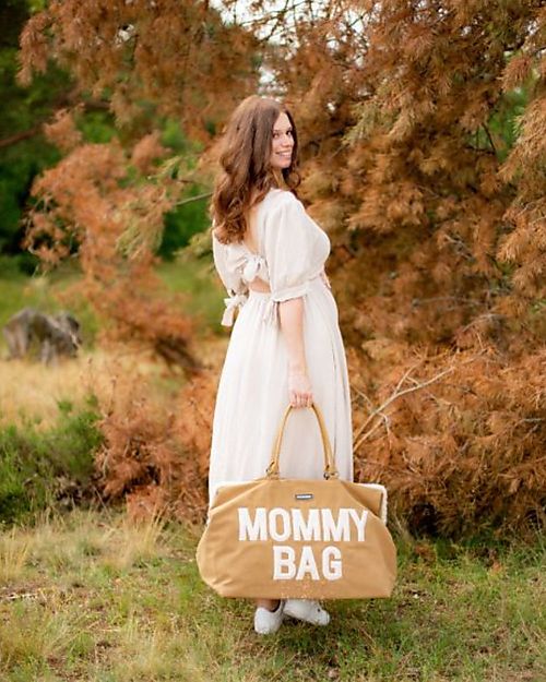 Childhome Mommy Bag Changing Bag 55 x 30 x 40 cm - Suede-Look with White Teddy Details - Includes Changing Mat! Diaper Changing Bags