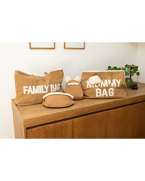 Childhome Mommy Bag Changing Bag 55 x 30 x 40 cm - Suede-Look with White Teddy Details - Includes Changing Mat! Diaper Changing Bags