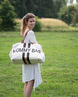 Childhome OUTLET Mommy Bag Diaper Bag - 55x30x30 cm - Off white stripes Black/Gold - Includes foldable changing mat! - Showroom Sample Diaper Changing Bags & Accessories