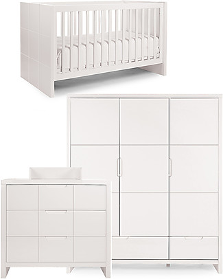 Childhome Quadro White Cot Bed 70x140 cm + 3 Doors Wardrobe + Chest Cots & Cotbeds