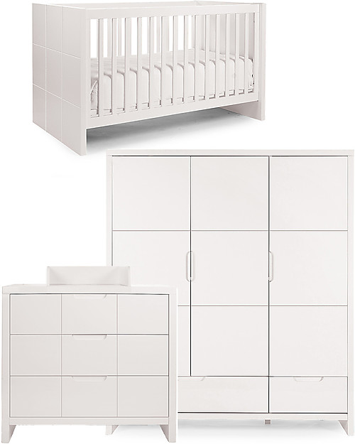Childhome Quadro White Cot Bed 70x140 cm + 3 Doors Wardrobe + Chest Wardrobes
