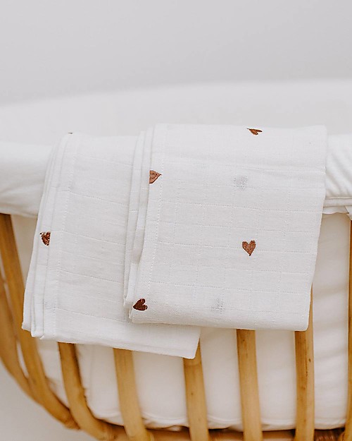 Childhome Tetra Cloths - Cotton - Off White + Hearts - 4 Pcs Muslin Swaddle