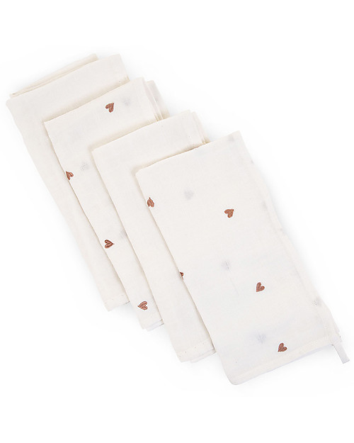 Childhome Tetra Cloths - Cotton - Off White + Hearts - 4 Pcs Muslin Swaddle