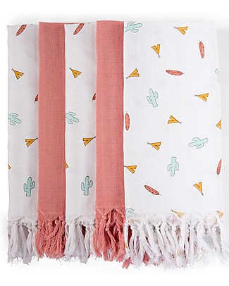 Childhome Tetra Cloths - Cotton - Tipi + Nude With Fringes - 5 Pcs Swaddles