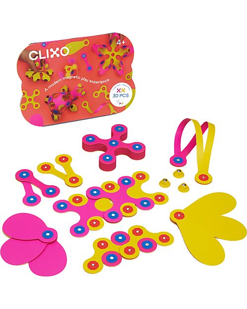 Clixo Crew Pack - 30 Pieces - Pink Yellow - STEAM Magnetic Toy - 4+ Years Magnetic Games