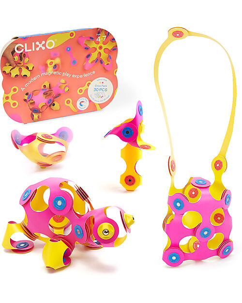 Clixo Crew Pack - 30 Pieces - Pink Yellow - STEAM Magnetic Toy - 4+ Years Magnetic Games