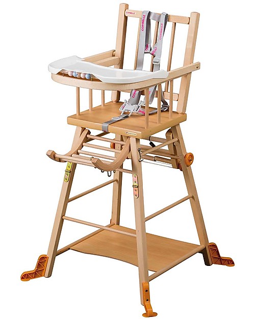 Combelle Marcel, Solid Beech Wood Convertible High Chair, Natural - Becomes a little trolley! High Chairs