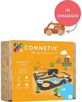 Connetix 48 Pieces - Roads - Black - 100% Non Toxic ABS Plastic - STEM Learning! + A Wooden Car for Free Magnetic Games