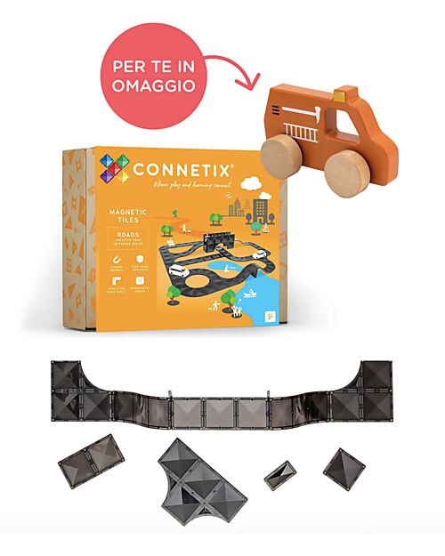 Connetix 48 Pieces - Roads - Black - 100% Non Toxic ABS Plastic - STEM Learning! + A Wooden Car for Free Magnetic Games