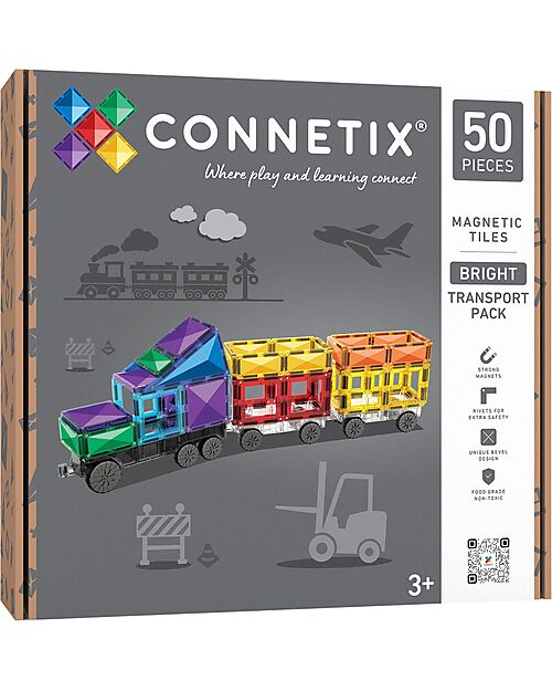 Connetix 50 Pieces - Transport Pack - Bright - 100% Non-Toxic ABS Plastic - STEM Learning! Magnetic Games