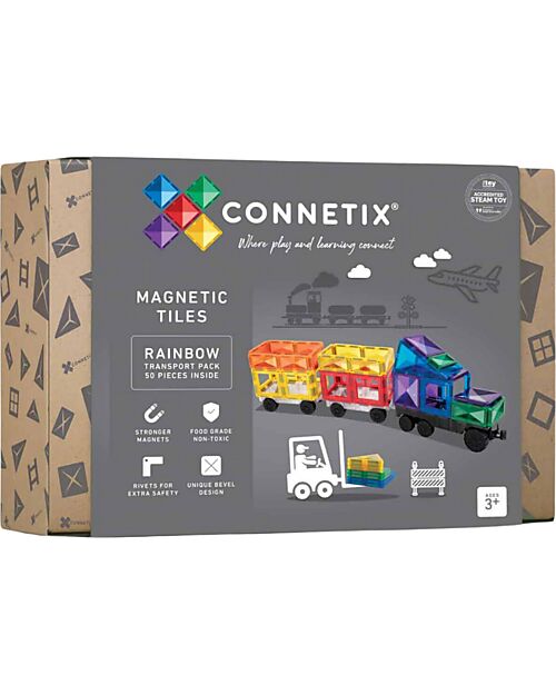 Connetix 50 Pieces - Transport - Rainbow - 100% Non Toxic ABS Plastic - STEM Learning! Magnetic Games