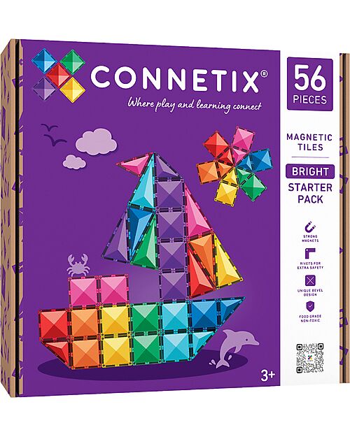Connetix 56 Pieces - Starter Pack - Bright - 100% Non-Toxic ABS Plastic - STEM Learning! Magnetic Games