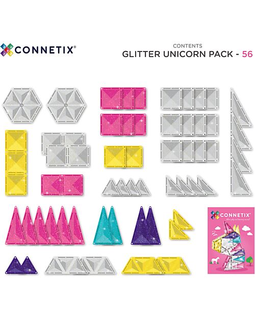 Connetix Unicorn Glitter Set - 56 Pieces - 100% Non-Toxic ABS Plastic - STEM Learning! Magnetic Games