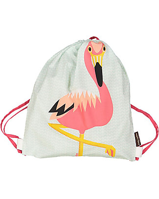 Coq en Pâte Pink Flamingo Kids Soft Backpack/Bag, Light Blue - 100% Organic Cotton (37 x 33 cm) Kindergarten Backpacks