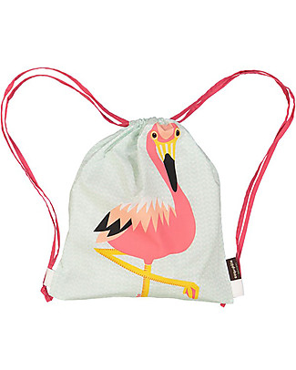 Coq en Pâte Pink Flamingo Kids Soft Backpack/Bag, Light Blue - 100% Organic Cotton (37 x 33 cm) Kindergarten Backpacks