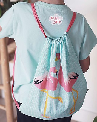 Coq en Pâte Soft Backpack Two Pink Flamingos - Light Blue - 100% Organic Cotton - Perfect for kindergarten! (37 x 33 cm) Small Backpacks