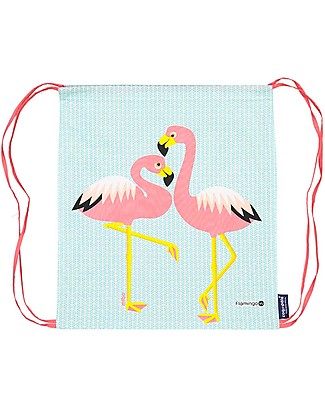 Coq en Pâte Soft Backpack Two Pink Flamingos - Light Blue - 100% Organic Cotton - Perfect for kindergarten! (37 x 33 cm) Small Backpacks