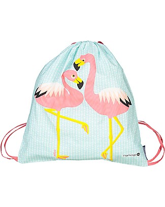 Coq en Pâte Soft Backpack Two Pink Flamingos - Light Blue - 100% Organic Cotton - Perfect for kindergarten! (37 x 33 cm) Small Backpacks