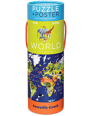 Crocodile Creek Puzzle (200 Pieces) + Poster - World and Animals Map Puzzles